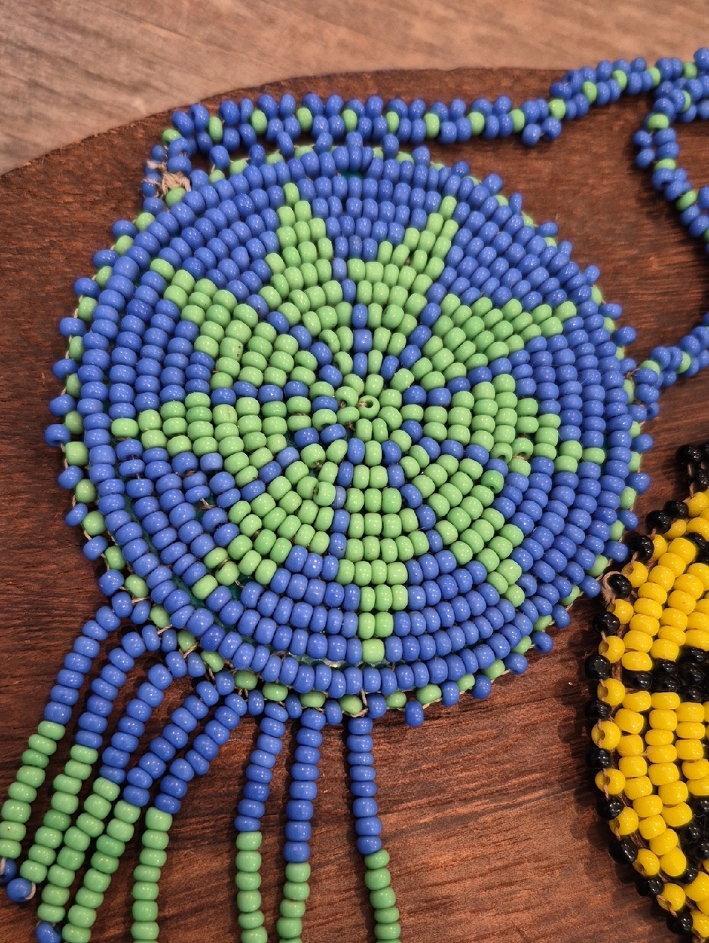 Vtg Seed Bead Medallion Pendant Necklaces, Blue, Green Yellow, & Black - Picture 2 of 13